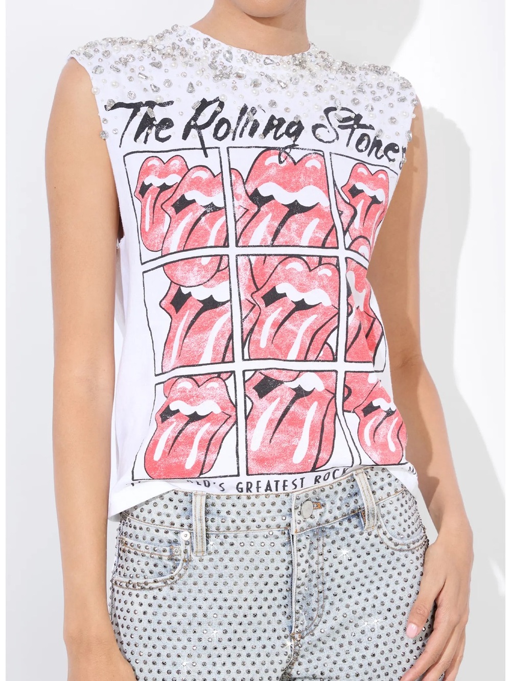 Alice + Olivia Micah Crystal Detail Rolling Stones Graphic Muscle T-Shirt